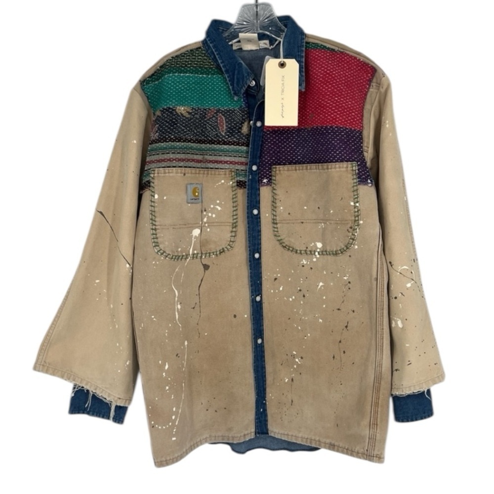 Tricia Fix x Carhartt Tan Denim Canvas Embroidered Upcycled Boho Jacket XS/S NWT